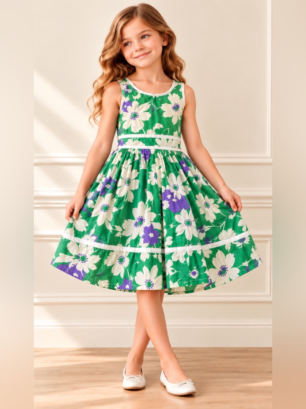 The Children's Place Green Floral Sleeveless Sundress with Purple Accents